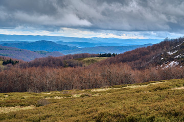 A beautiful panoramic mysterious view of the forest in the Bieszczady mountains (Poland) on a misty rainy spring May day, nature is lonely - without people
