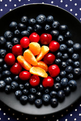 Strawberries, cherries and tangerines on black plate with dotted tablecloth. Top view.
