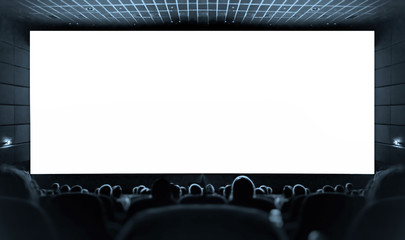 Cinema. White screen in the cinema and the audience watching the movie.