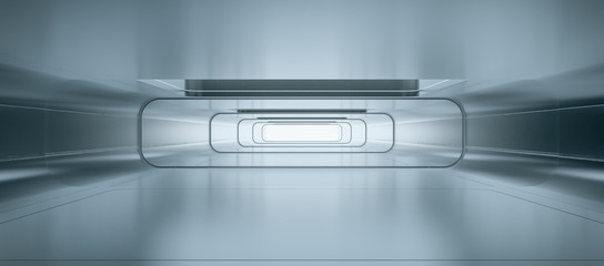 Obraz premium Spaceship corridor. Futuristic tunnel with light, interior view. Future background, business, sci-fi or science concept. 3d rendering.