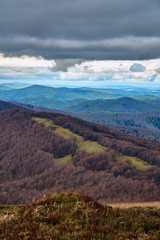 Naklejka premium A beautiful panoramic mysterious view of the forest in the Bieszczady mountains (Poland) on a misty rainy spring May day, nature is lonely - without people