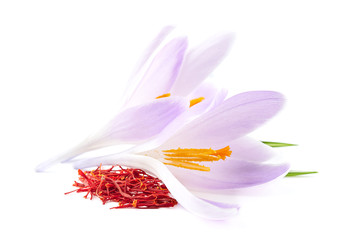 Fototapeta na wymiar Saffron spice and flowers with leaves