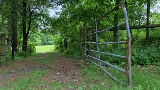 Open farm gate for horses tree covered