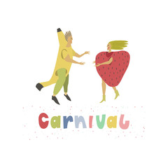 Man and woman dressed in funny carnival costumes of bananaand strawberry . Multicolor caption with festive confetti from below