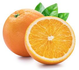 Orange fruits with orange leaves on white background. Clipping path.