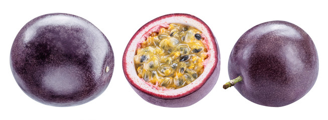 Set of passion fruits and its cross section with pulpy juice filled with seeds. Clipping path.