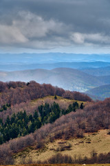 A beautiful panoramic mysterious view of the forest in the Bieszczady mountains (Poland) on a misty rainy spring May day, nature is lonely - without people