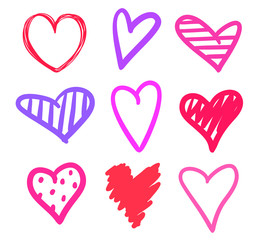 Abstract hearts on isolated white background. Hand drawn set of love signs. Line art creation. Colored illustration. Sketchy elements