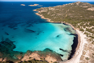 Aerial full view of Grande Pevero Beach, Costa Smeralda, Sardinia
