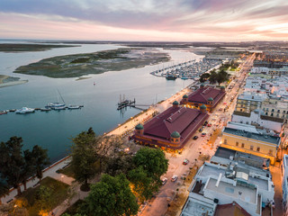 Olhao with two market buildings by Ria Formosa, Algarve, Portugal