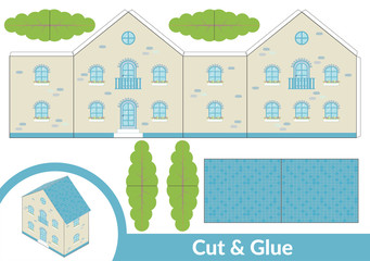Cut and glue a house. Children art game for activity page. Paper 3d model. Vector illustration.
