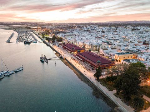 Olhao with two market buildings by Ria Formosa, Algarve, Portugal