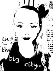 Illustration of a portrait of a young girl in the grunge style