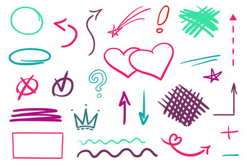 Hand drawn shapes on isolated white background. Abstract geometric signs. Wavy tangled lines. Colorful illustration. Sketchy elements for design