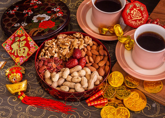 Chinese New Year snack box, traditionally served to guests. Chinese symbol on diamond shape means 