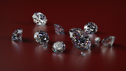 Diamonds on a red background. 3d illustration