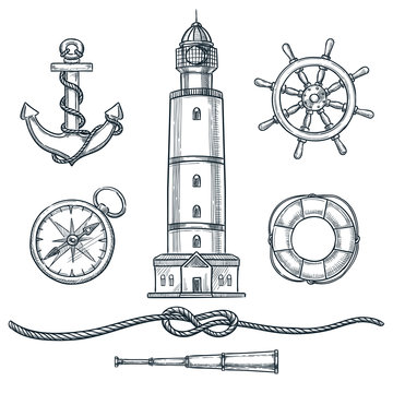 Summer nautical vintage icons set. Vector hand drawn sketch illustration. Sea and marine isolated design elements