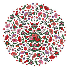 Beautiful floral circle filled with contour pink and red poppies and tulips on the transparent background.