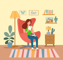 Woman sitting on the chair with tablet  Vector flat illustration