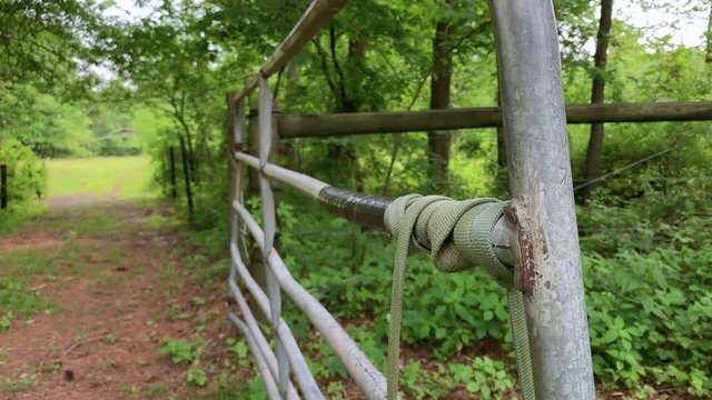 Close up old horse gate open tree covered