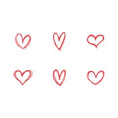 Hand drawn heart icons set, love symbol. Sketched doodles hearts collection.