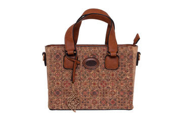 Hand bag isolated. Fashionable brown female luxury women bag  made from oak cork isolated on a white background. Womans accessories.