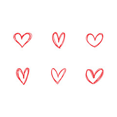 Hand drawn heart icons set, love symbol. Sketched doodles hearts collection.