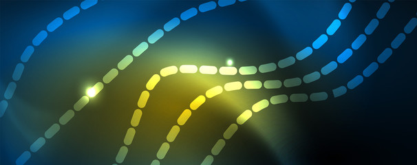 Fototapeta premium Smooth wave lines on blue neon color light background. Glowing abstract wave on dark, shiny motion, magic space light