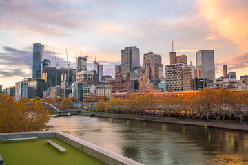 Melbourne city skyline at twilight in Australia