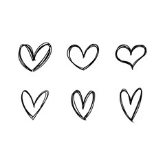 Hand drawn heart icons set, love symbol. Sketched doodles hearts collection.