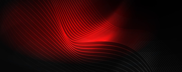 Smoky glowing waves in the dark. Dark abstract background with neon color light and wavy lines. Vector