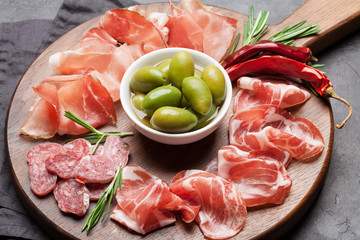 Spanish jamon, prosciutto crudo, italian salami, parma ham