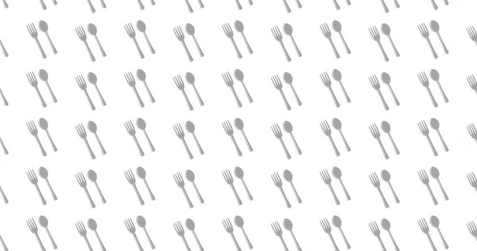 Forks and spoons background video clip motion backdrop video in a seamless repeating loop. Gray silverware art kitchen & food themed fork & spoon icon pattern white background high definition clip