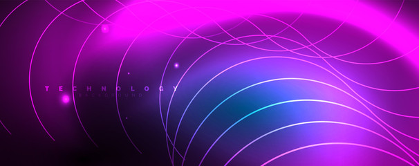Trendy neon blue abstract design with waves and circles. Neon light glowing effect. Abstract digital background.