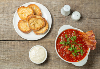 Tomato soup with bacon. The view from the top. Copy-space.