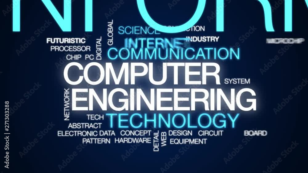 Poster computer engineering animated word cloud. kinetic typography.