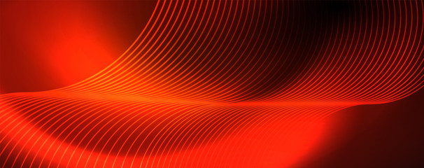 Bright neon circles and wave lines, glowing shiny background design template, digital techno concept.