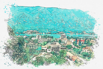 Obraz premium Watercolor sketch or illustration of the aerial view of Kotor in Montenegro.