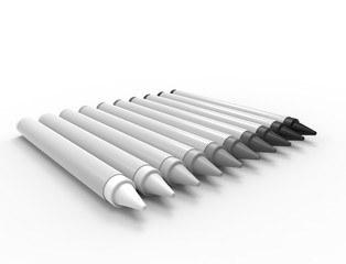 3D rendering of multiple crayons isolated on white background.