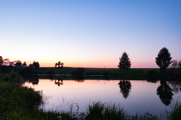 Quiet lake at sunset. Reflection of a tree in a lake at sunset