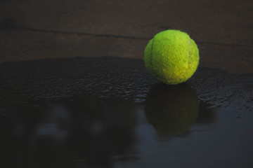 the tennis ball is near the puddle, the ball is reflected in the water