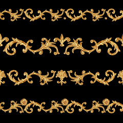Baroque style golden ornamental segments seamless pattern. Hand drawn gold border frame