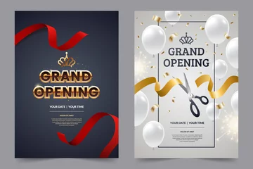 Fotobehang Grand opening invitation flyer with red and gold cut ribbons and scissors. Golden text on luxury background. Falling confetti with white balloons. Opening invitation design. Vector eps 10. © alexandertrou