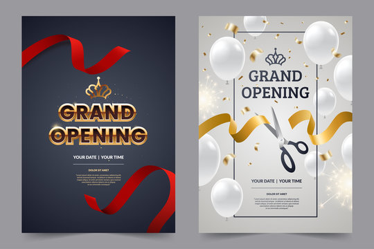 Grand opening invitation flyer with red and gold cut ribbons and scissors. Golden text on luxury background. Falling confetti with white balloons. Opening invitation design. Vector eps 10.
