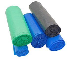 rolls of plastic packages for garbage on white