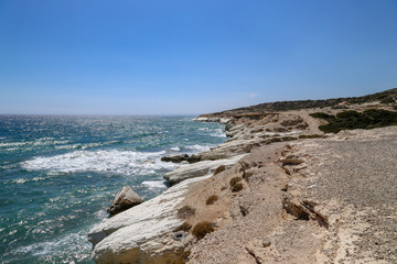 Coast with white rocks In Cyprus, the Mediterranean Sea.
