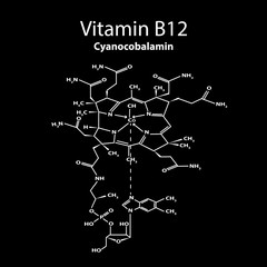 Vitamin B12. cyanocobalamin Molecular chemical formula. Infographics. Vector illustration on black background.