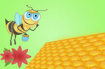 Illustration of Cartoon bee with honeycomb and two flower