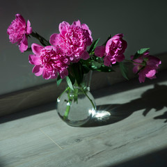 Bouquet of pink peonies in a glass transparent vase on the floor