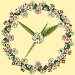 Clock icon. Flowers from flowers and leaves.